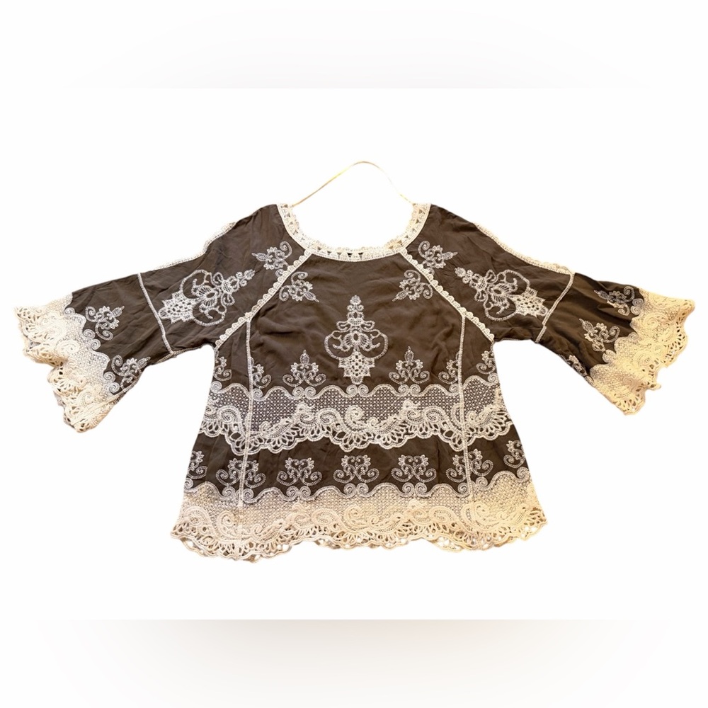 Democracy Brown Boho Lace Bell Sleeve Blouse - Size Small - Picture 3 of 5